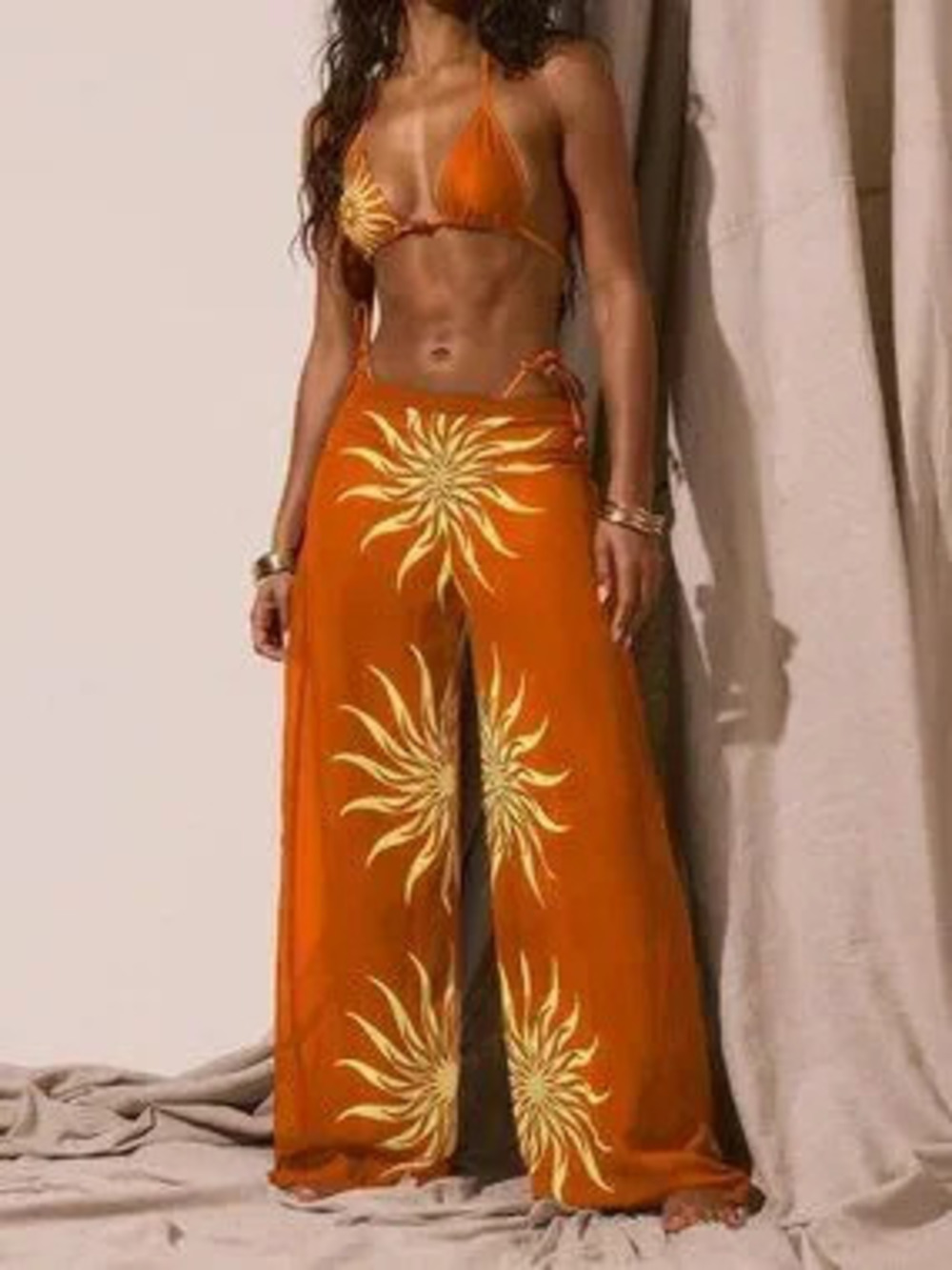 ZARA Burnt Orange Boho Women's Resort Graphic Sun Print Cover-Up Beach Pants